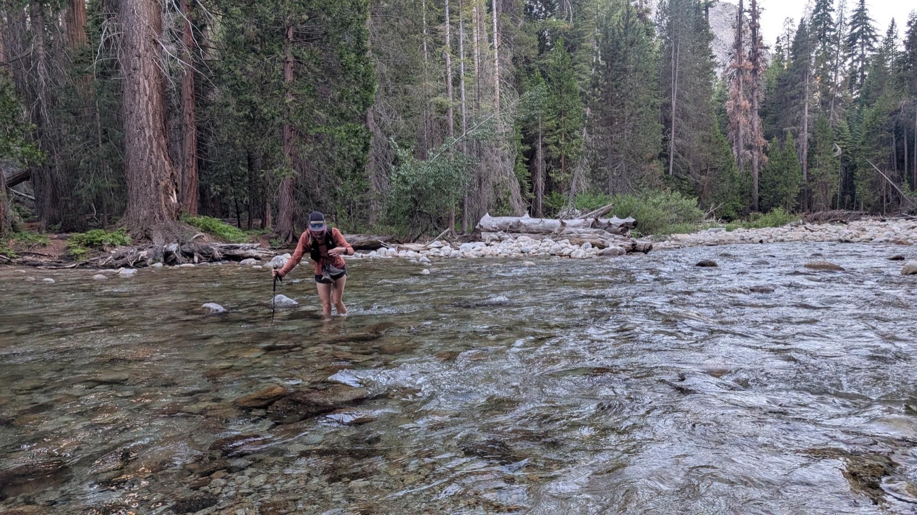 Crossing a river on the Rae Lakes Loop